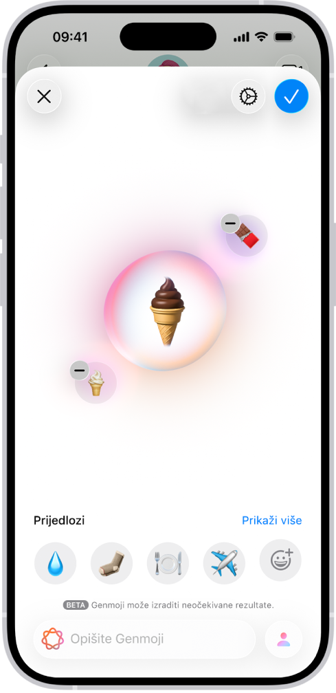 Prozor Genmojija prikazuje izrađeni Genmoji sladoleda u kornetu.