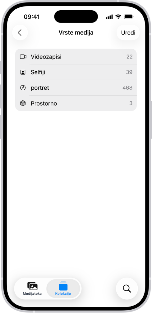 U aplikaciji Foto otvorena je kolekcija Vrste medija, s prikazom popisa kolekcija fotografija.