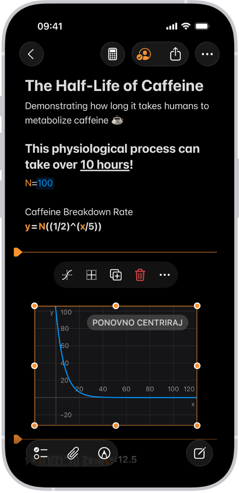 Matematička bilješka otvorena je u Kalkulatoru, s izjavljenom varijablom, izrazom i grafikonom.