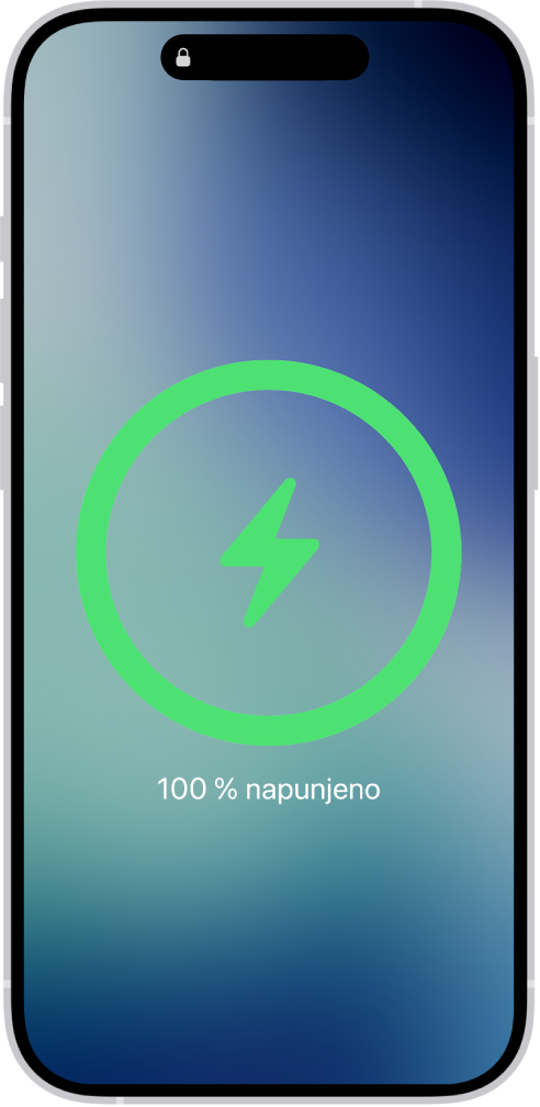 Zaslon iPhonea s prikazom baterije napunjene na 100%.