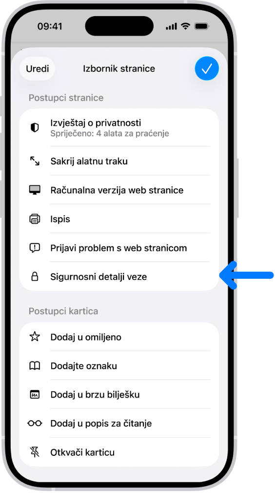 Izbornik stranica otvoren je u Safariju i kontrola Detalji o sigurnosti veze nalazi se na pola puta prema dnu stranice.