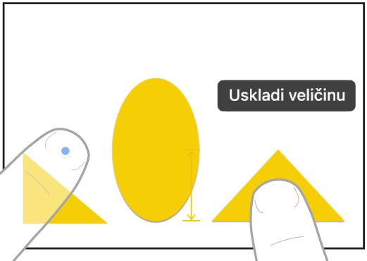 Dva prsta na dvije ruke koji biraju i usklađuju veličine dviju stavki u Freeformu.