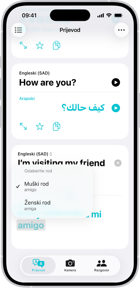 Kartica Prijevod s prikazom prevedene fraze s engleskog na španjolski i riječ istaknuta sivo s različitim rodnim varijacijama ispod.