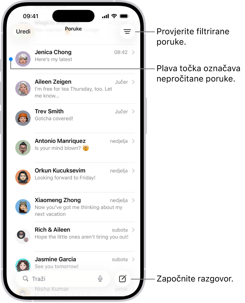 Popis razgovora u aplikaciji Poruke s tipkom Sastavi u donjem desnom kutu. Plava točka s lijeve strane poruke označava da je ona nepročitana.