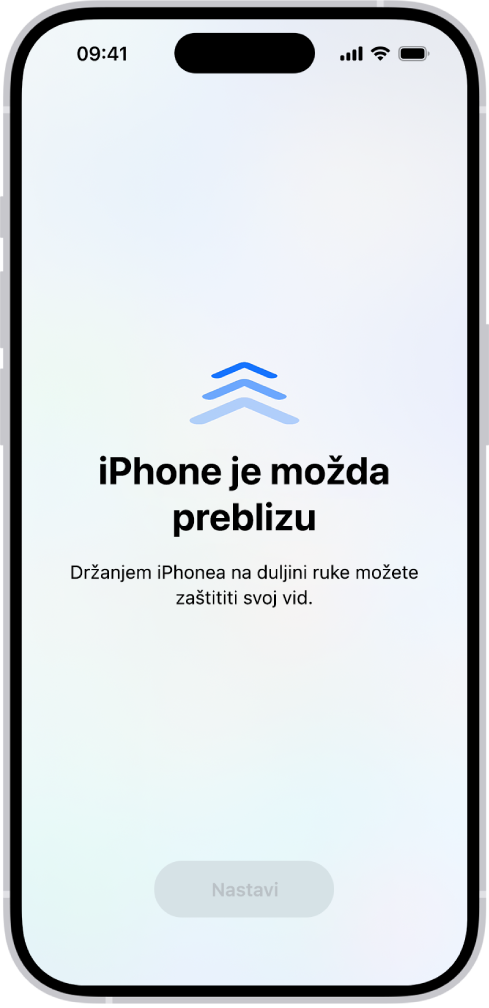 Upozorenje na zaslonu da držite iPhone preblizu i da biste ga trebali odmaknuti radi zaštite zdravlja vida. Upozorenje prekriva zaslon, onemogućujući vam da nastavite. Postoji tipka Nastavi koja se aktivira kad odmaknete iPhone na sigurnu udaljenost.