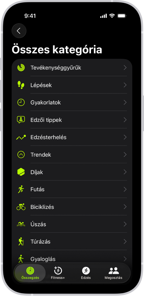 A Fitnesz képernyőjén fitneszkategóriák listája látható.