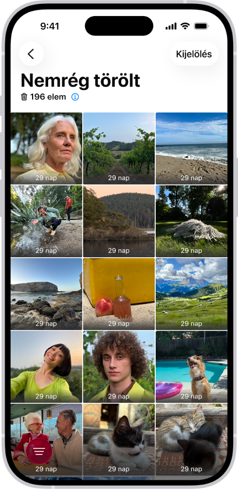 A Nemrég törölt képernyő a Fotók appban. A legutóbb törölt fotók egy rácsban jelennek meg a képernyőn.