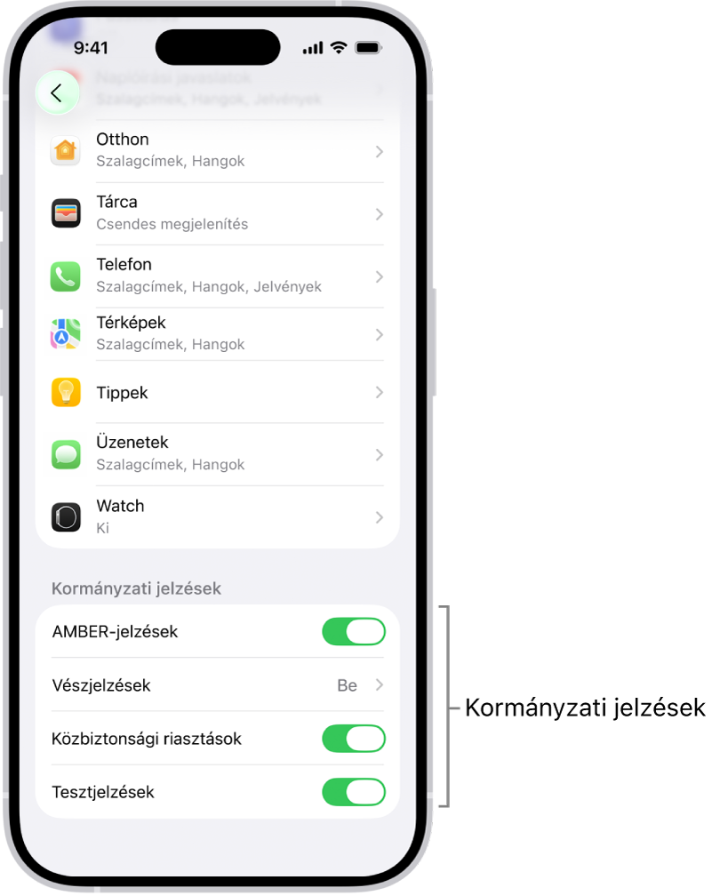 Az értesítések képernyője azokkal a kormányzati jelzésekkel, amelyeket bekapcsolhat, ha kormányzati jelzéseket szeretne kapni.