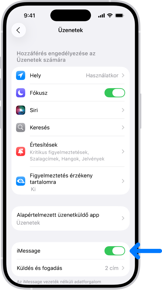 Az Üzenetek panelen be van kapcsolva az iMessage.