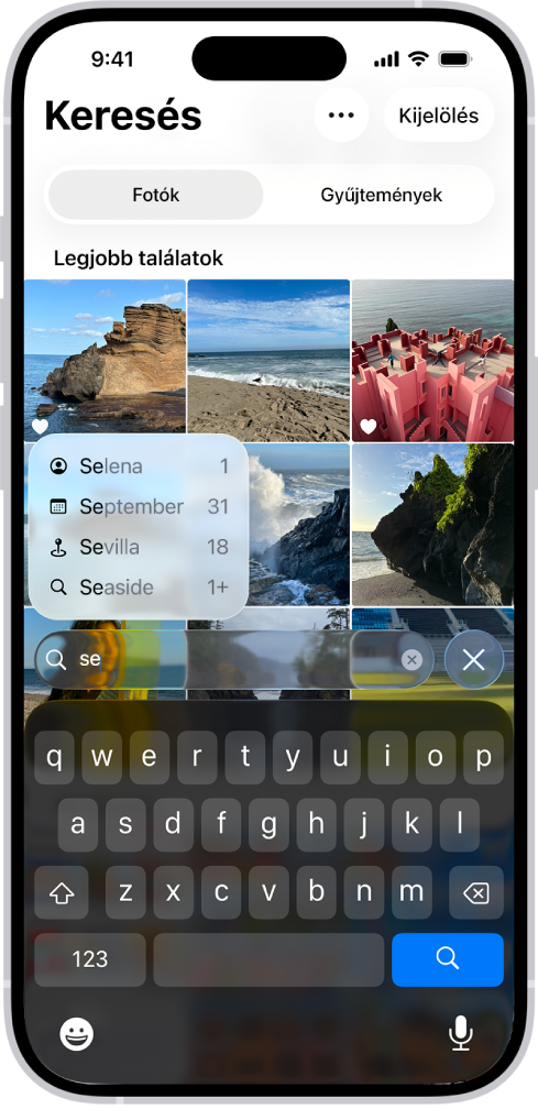 A Fotók app Keresés képernyője a keresőmezőben megadott szöveg alapján megjelenített keresési javaslatokkal.