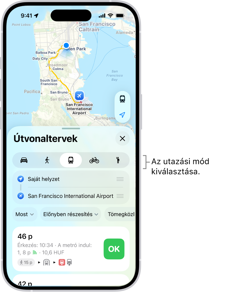 Egy térkép számos különböző útvonallal két hely között. A rendelkezésre álló gombokkal kiválaszthat más utazási módokat, felcserélheti az indulási pontot és az úti célt, illetve megtekintheti az útvonalterveket lépések formájában.