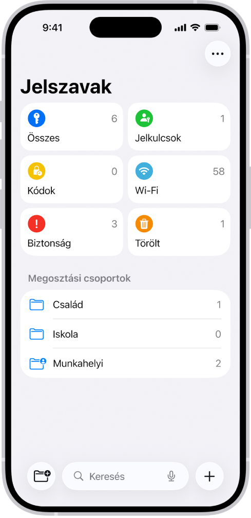 A Jelszavak app Főképernyője az Összes, a Jelkulcsok, a Kódok, a Wi-Fi, a Biztonság és a Törölt gombokkal, valamint a Megosztott csoportok listájával.