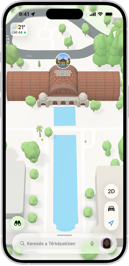 Egy 3D térkép a Térképek appban, amelyen egy híd és egy park látható.