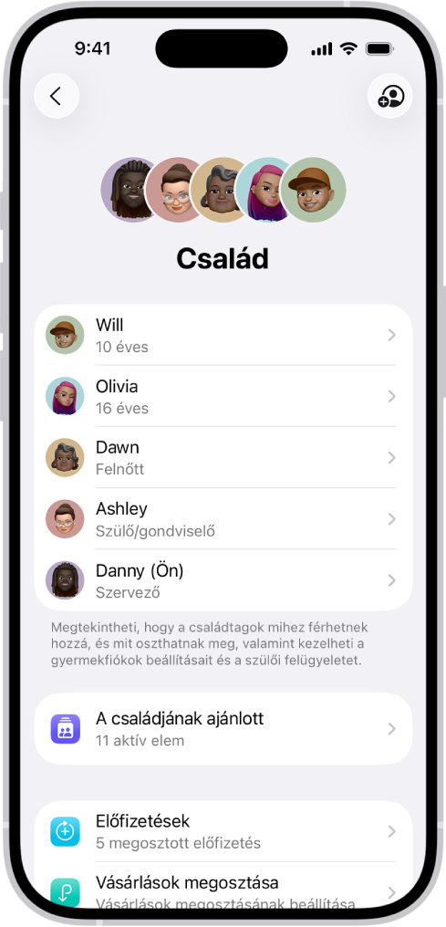 A Beállítások Családi megosztás képernyője. Öt családtag látható egy listán. A neveik alatt a Családi ellenőrzőlista látható, az alatt pedig az Előfizetések és a Vásárlások megosztása opció.