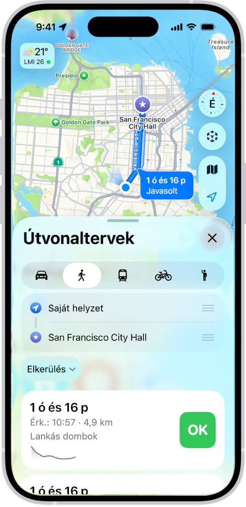 Térkép gyalogos útvonallal. Az alul megjelenő útvonalkártya az útvonal részleteit jeleníti meg, többek között a becsült utazási időt és a szintemelkedés-különbségeket. Egy Indulás gomb jelenik meg a részletek mellett.