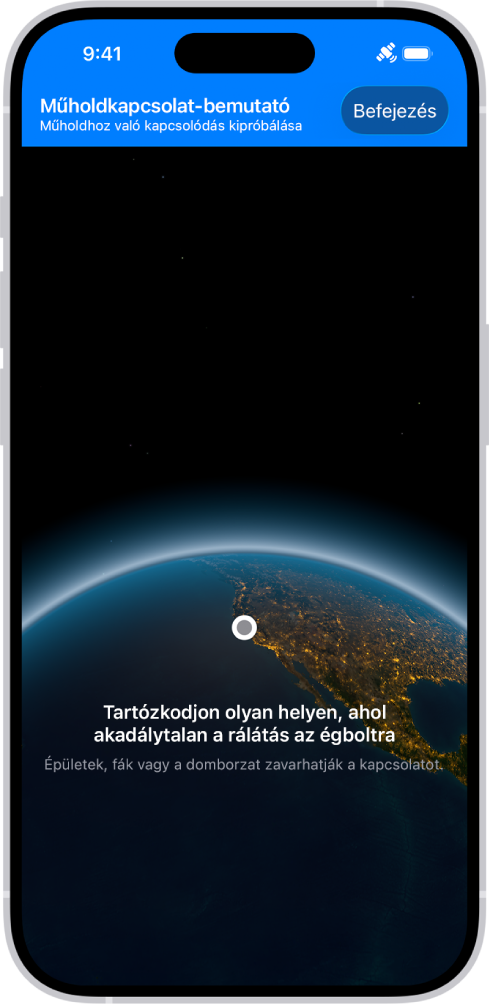 A műholdas kapcsolat bemutatója – amely a Beállítások appban érhető el – egy előnézetet biztosít arról, hogy mi látható a képernyőn, amikor megnyitja az Üzenetek appot egy iPhone 14 vagy újabb modellen, és nem áll rendelkezésre mobil- vagy Wi-Fi-hálózati lefedettség.