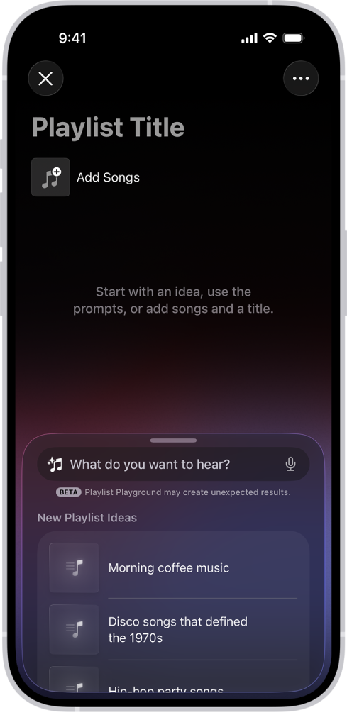Az Apple Music app képernyője, amelyen a Playlist Playground létrehozási oldala látható egy címmel, a manuális gombbal, amely dalok hozzáadásához használható, valamint egy keresősávval, amelynél lejátszási listával kapcsolatos javaslatok jelennek meg, többek között a „Zene reggeli kávéhoz” javaslat.