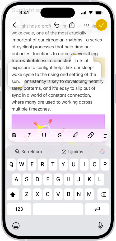 Egy dokumentum van megnyitva a Jegyzetek appban. A képernyő alsó felén a képernyő-billentyűzet látható. Egy kijelölt szövegrész kiemelkedik a dokumentumból, és máshová lesz áthelyezve.