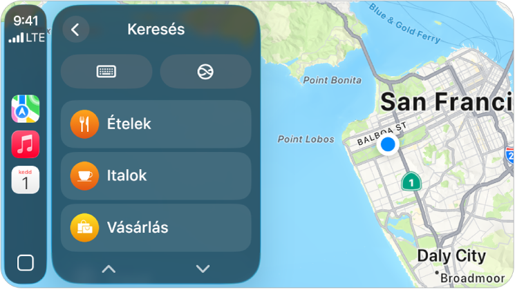 San Francisco térképe egy CarPlay-képernyőn. Jobb oldalon a helyzet, a 3D, a Veszély jelentése és a méretezési gombok láthatók. Alul a Keresés és a Cél gombok láthatók.
