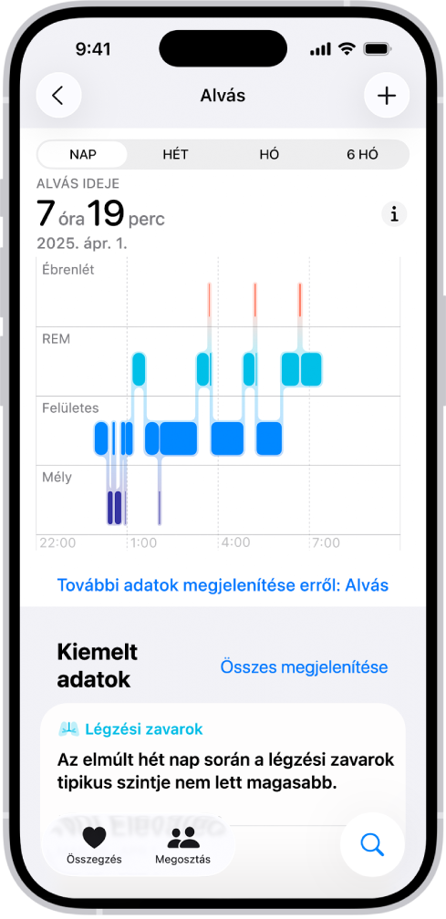 Az Alvás képernyő az Egészség appban, amelyen az ébren, illetve REM-alvásban, felületes alvásban és mély alvásban töltött becsült idő látható.