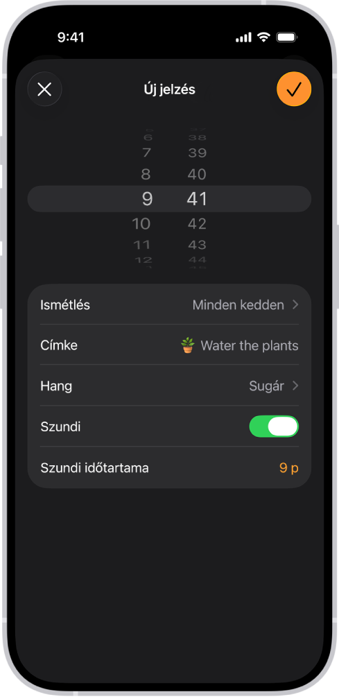 A jelzés módosítására szolgáló képernyő, amelyen beállítások találhatók a jelzés idejének módosításához, a jelzés ismétlésének kiválasztásához, jelzéscímke hozzáadásához, jelzéshang kiválasztásához, a szundi bekapcsolásához és a szundi időtartamának módosításához.