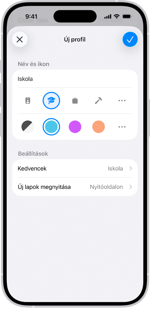 Egy iPhone képernyője egy új profil beállításával. Az opciók között megtalálható az ikon, a szín, a könyvjelzők mappa és az oldal, amely megnyílik az új lapok megnyitásakor.