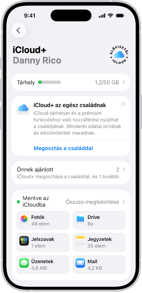Az iCloud-beállítások képernyője, amelyen az iCloud-tárhely foglaltságmérője, valamint az iClouddal használható szolgáltatások listája látható (pl. a Fotók, az iCloud Drive és az iCloud biztonsági mentés).