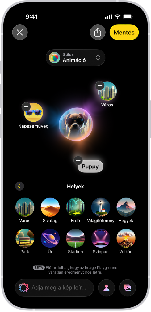 Az Image Playground app ablakában egy napszemüveget viselő kutyáról létrehozott kép látható.