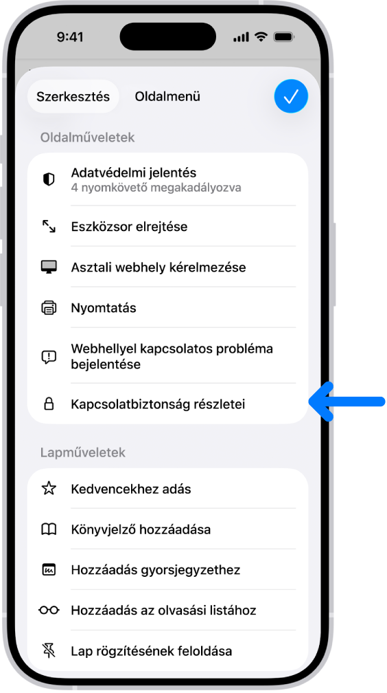 Az Oldalmenü van megnyitva a Safariban, ahol a Kapcsolatbiztonság részletei vezérlő az oldal közepén található.