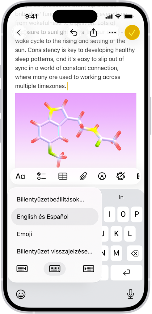 A Billentyűzetbeállítások menü meg van nyitva, és több lehetséges billentyűzetet jelenít meg: Angol és spanyol, Emoji és Billentyűzet visszajelzése.
