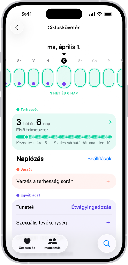 A Cikluskövetés képernyő, amelynek tetején egy terhesség egy hetet megjelenítő idővonala látható. Világoszöld ellipszisek és lila pontok jelzik az első 5 napot az idővonalon. Az idővonalon lévő többi napot szaggatott világoszöld ellipszisek jelölik. Az idővonal alatt a terhesség összegzése látható a magzati életkorral, a terhesség kezdetének dátumával és a szülés várható dátumával. A terhesség összegzése alatt lévő opciókkal információkat adhat meg a terhesség során tapasztalt vérzésekről, tünetekről és egyebekről.