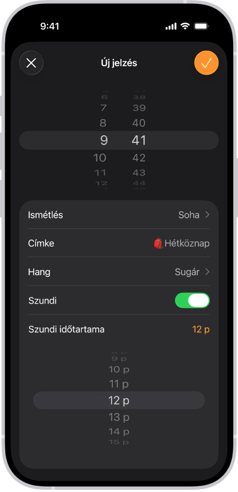 Az Óra app a Jelzés hozzáadása képernyővel. A Szundi be van kapcsolva, és a Szundi időtartama funkció egyénileg beállított 12 perces értékkel rendelkezik.