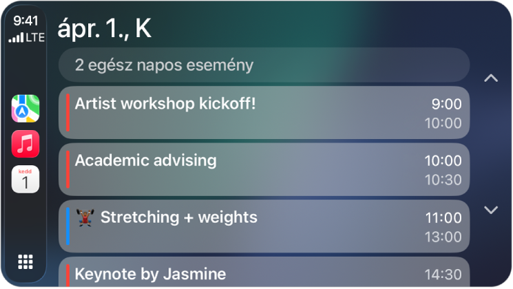A CarPlay megjeleníti a Térképeket, a Zenét és a Naptárat az oldalsávon. Jobb oldalon a június 5-re, hétfőre ütemezett portfolióval végzett munka, vezetési képességek oktatása, előadás előkészítése és kórusgyakorlás látható.