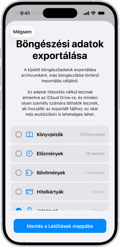 A Böngészési adatok exportálása képernyő, ahol a Jelszavak opció be van jelölve egy másik jelszókezelőbe történő exportáláshoz.