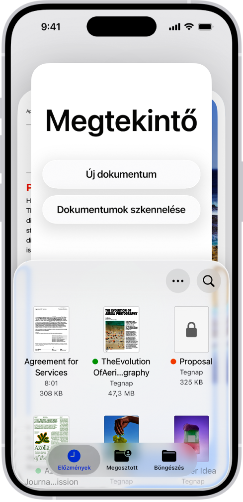 A Dokumentumböngésző a Megtekintő appban. A képernyő közepén az Új dokumentum, a Dokumentumok szkennelése, a Továbbiak és a Keresés gomb látható. A képernyő alján az Előzmények, a Megosztott és a Böngészés gombok láthatók.