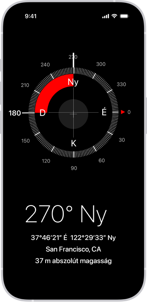 Az Iránytű app képernyője, amelyen az aktuális helyzet és az abszolút magasság látható, ezenkívül az az irány, amely felé az iPhone néz.