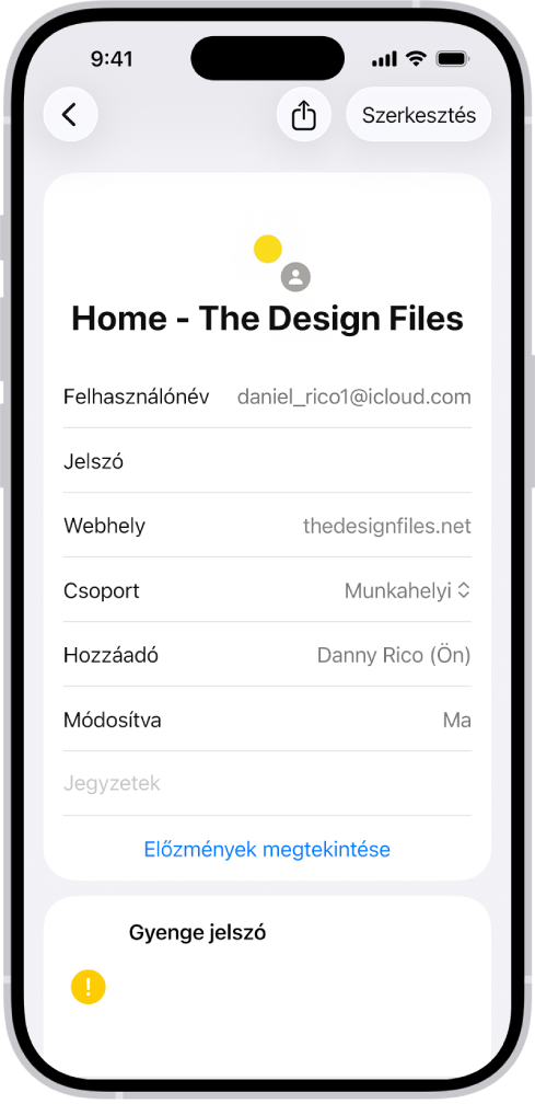 A Jelszavak app, amely egy fiók adatait jeleníti meg, többek közt a felhasználónevet, a jelszót és a webhelyet.