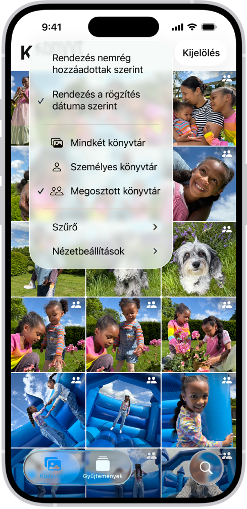 Egy megosztott iCloud-fotókönyvtár a Fotók appban. A kijelölt Megosztott könyvtár gomb a bal alsó sarokban, míg a kijelölt Megosztott könyvtár a könyvtárbeállítások listájában látható. A könyvtárban megjelenő összes fotón van egy megosztott könyvtár jelvény a jobb felső sarokban.