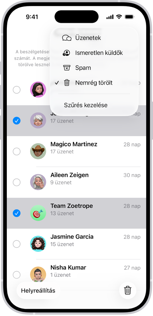A nemrég törölt üzenetek listája, amelyben kész beszélgetés van kijelölve, és a képernyő alján a következő lét lehetőség látható: Helyreállítás és Végleges törlés.