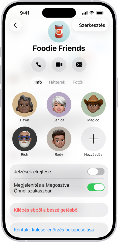 Egy csoportos beszélgetés részletei.