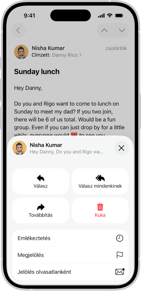 Egy e-mail a válaszküldési lehetőségekkel. A képernyő közepén balról jobbra haladva a Válasz, a Válasz mindenkinek, a Továbbítás és a Kuka opció látható.