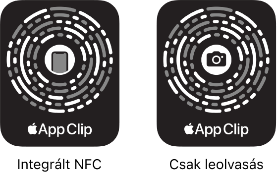 A bal oldalon egy NFC-vel integrált apprészlet-kód látható középen egy iPhone ikonnal. A jobb oldalon egy csak leolvasható apprészlet-kód látható középen egy kameraikonnal.