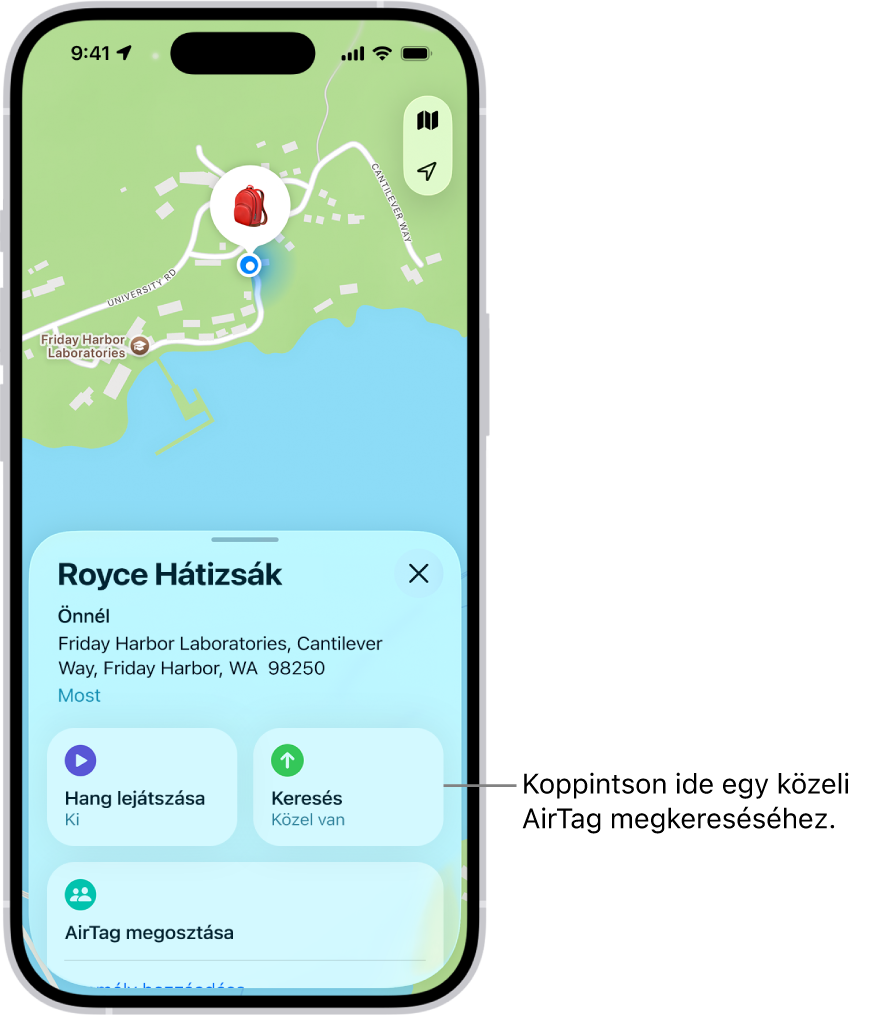 A megnyitott Lokátor app, amely azt mutatja, hogy Dani kulcsai a Golden Gate Parkban találhatók. A Keresés gombra koppintva megkereshet egy közelben lévő AirTaget.