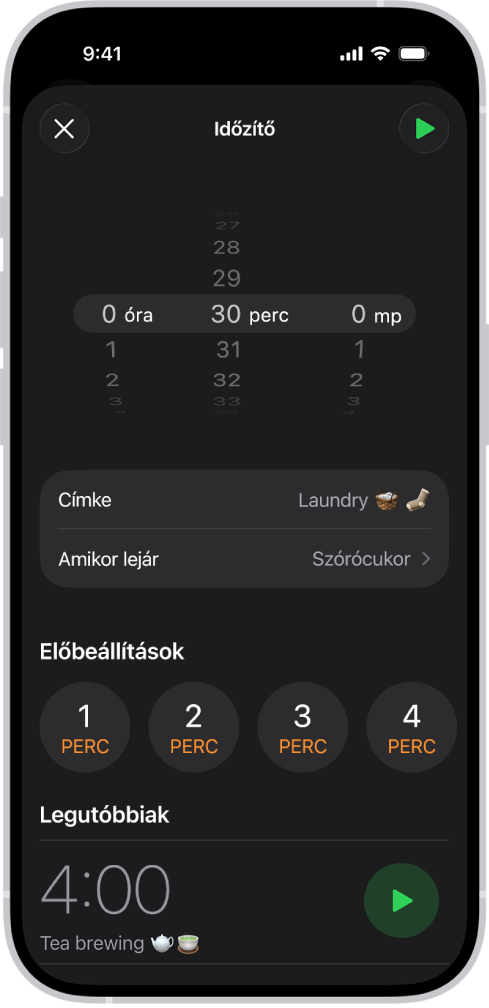 Az időzítő hozzáadásának képernyője az időzítő hozzáadásának beállításaival és egy legutóbbi időzítő elindításának gombjával.