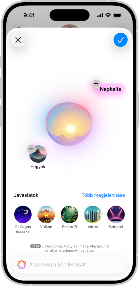 Az Image Playground ablaka az Üzenetek appban egy létrehozott háttérrel.