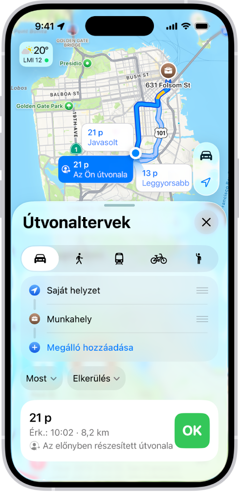 Egy iPhone képernyője egy térképpel, amelyen számos különböző autós útvonal látható ugyanahhoz az úti célhoz. Mindegyik útvonalnál megjelenik a becsült idő és távolság, valamint egy OK gomb, amellyel elindítható a részletes navigáció. Az egyes útvonalakon látható színkódok a forgalmi körülményeket jelzik.