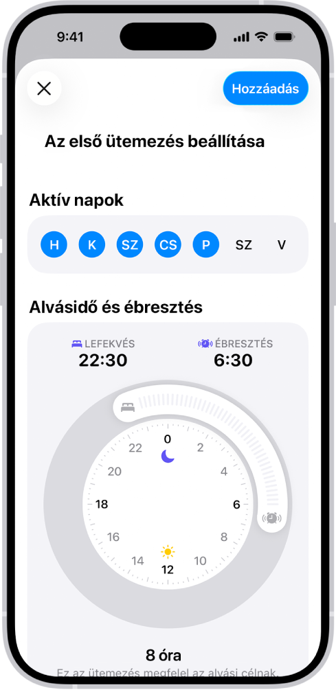 Az első ütemezés beállítása képernyő az Egészségben, amelyen egy Aktív napok szakasz és egy Alvásidő és ébresztés óra látható.