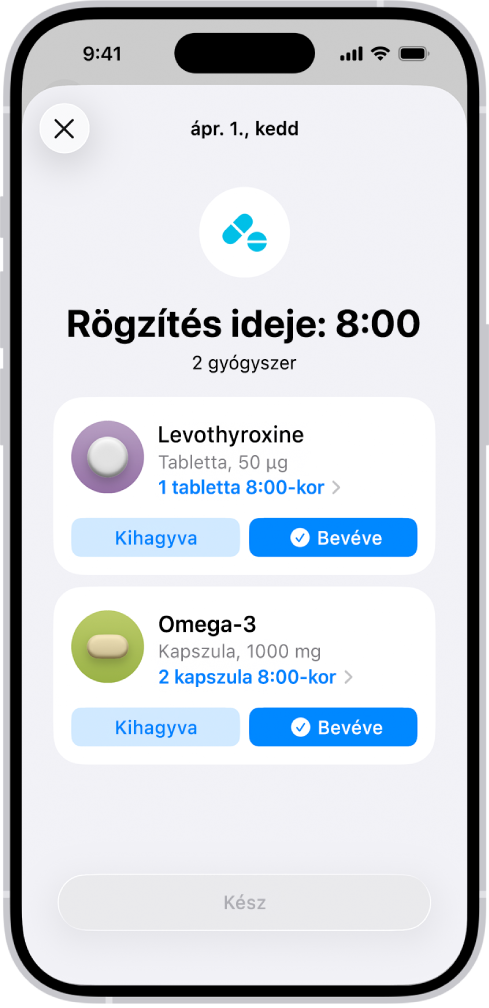 A Gyógyszerek képernyő az Egészség appban a gyógyszerek naplójával.
