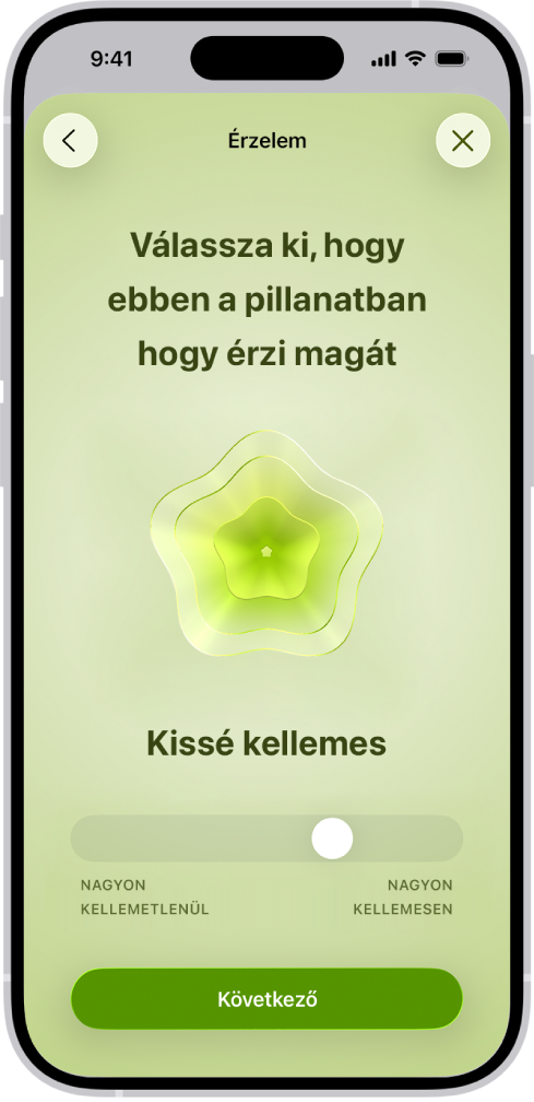 Egy képernyő az Egészség appban, amelyen az aktuális hangulat enyhén kellemesként van azonosítva. A képernyő alján egy csúszka található, amellyel az érzelem szintjét lehet beállítani.