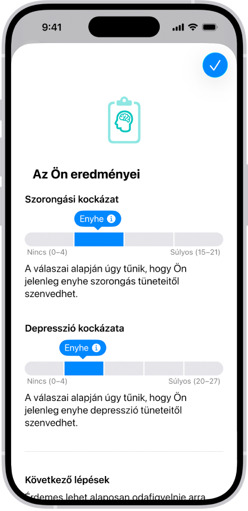 Egy képernyő az Egészség appban, amelyen egy mentális egészséggel kapcsolatos kérdőív eredményei láthatók.